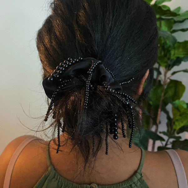 Pearled Fringe Satin Hair Scrunchie