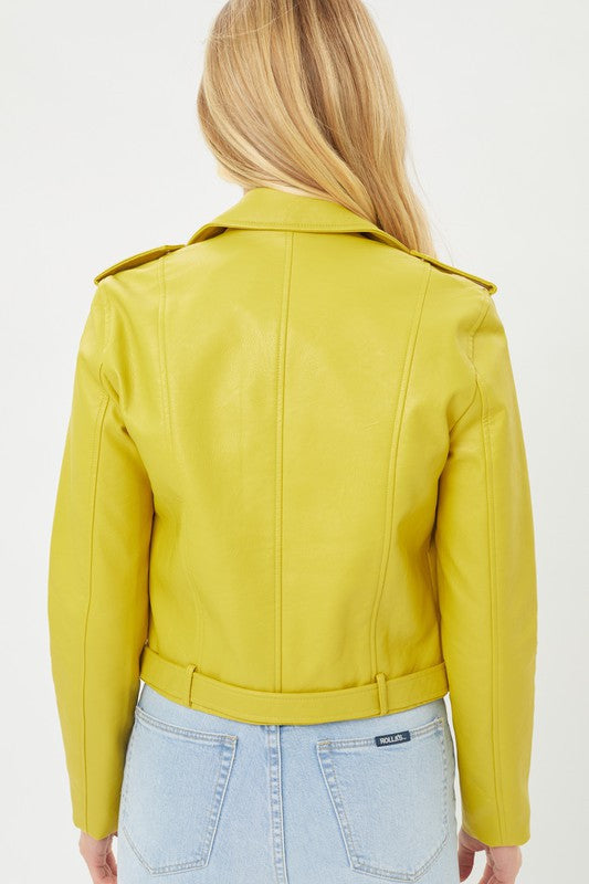 Lemon Yellow Twist Faux Leather Moto Jacket