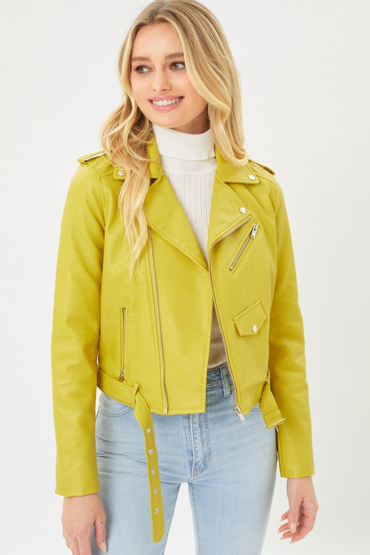 Lemon Yellow Twist Faux Leather Moto Jacket