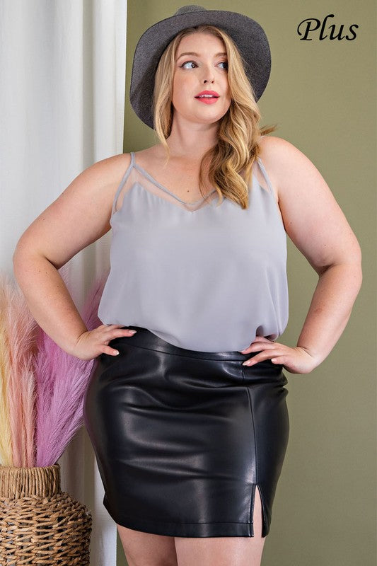 PLUS Black Pleather Skirt with Front Slit