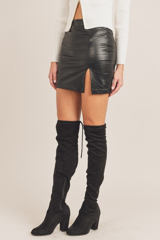 Black Pleather Skirt with Front Slit