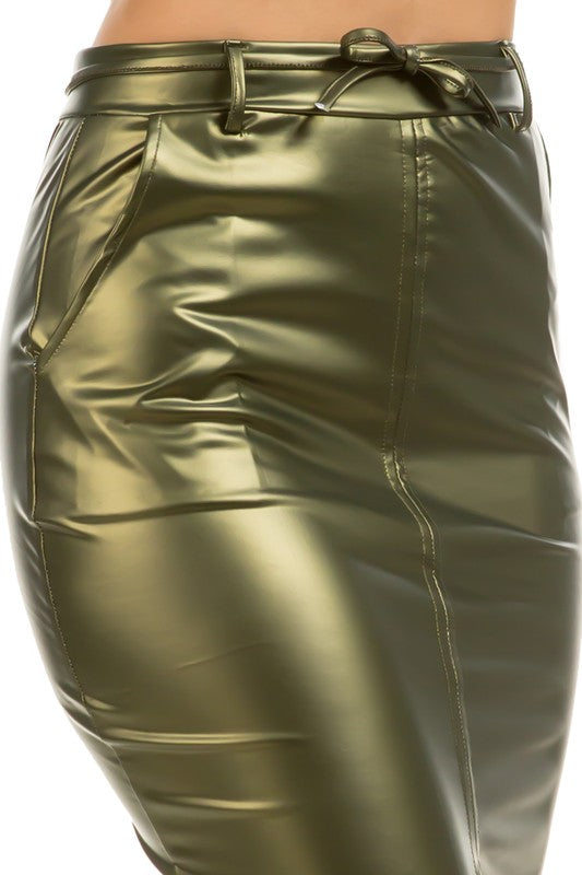 Sharon Pleather Midi Skirt Olive