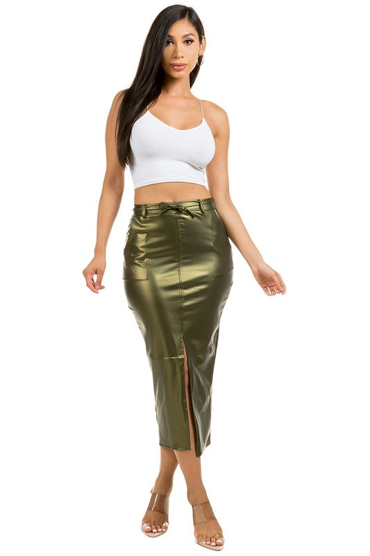 Sharon Pleather Midi Skirt Olive