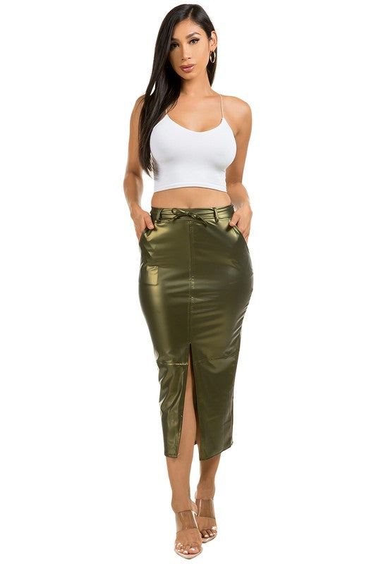 Sharon Pleather Midi Skirt Olive