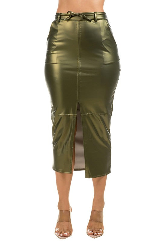 Sharon Pleather Midi Skirt Olive