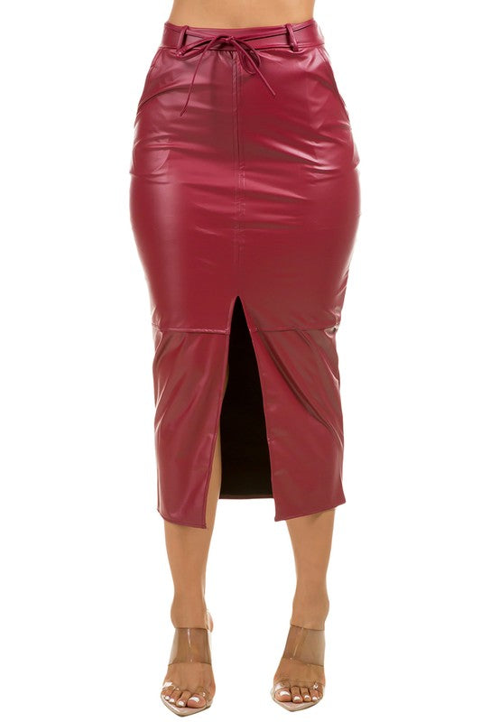 Sharon Pleather Midi Skirt Wine Red