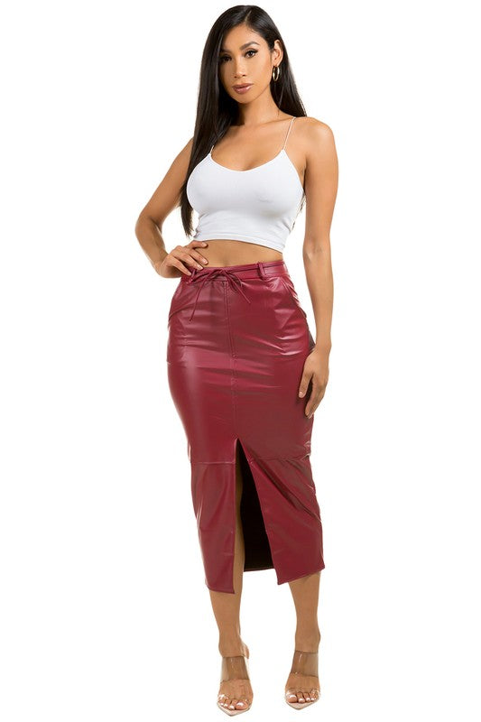 Sharon Pleather Midi Skirt Wine Red