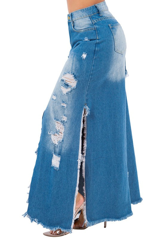 Rae Bae Multi-Slit Distressed Denim Skirt