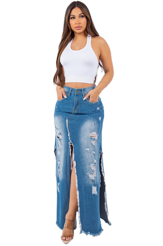 Rae Bae Multi-Slit Distressed Denim Skirt