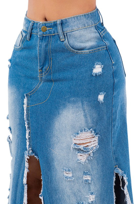 Rae Bae Multi-Slit Distressed Denim Skirt