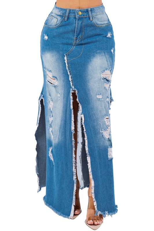 Rae Bae Multi-Slit Distressed Denim Skirt