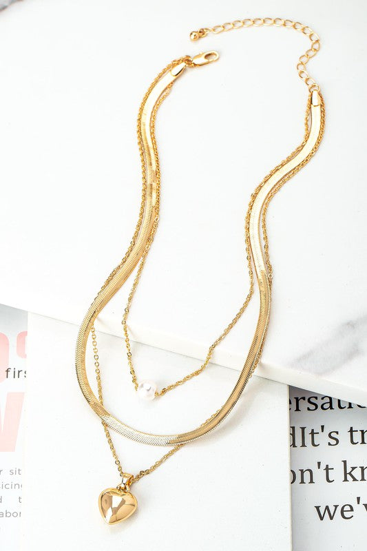 3 Row Herringbone Chain with Pearl and Heart