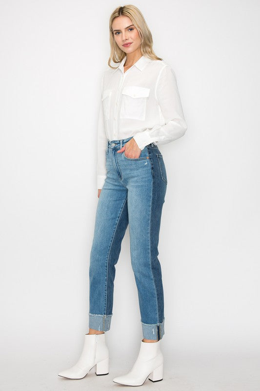 Two Toned High Rise Straight Denim Plus