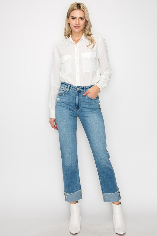 Two Toned High Rise Straight Denim Plus