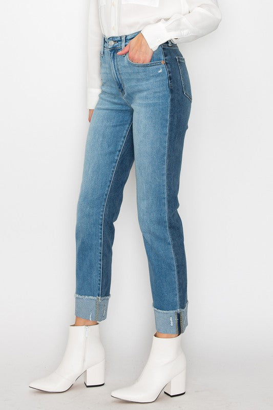 Two Toned High Rise Straight Denim Plus