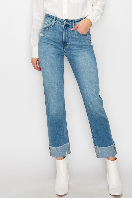 Two Toned High Rise Straight Denim Plus