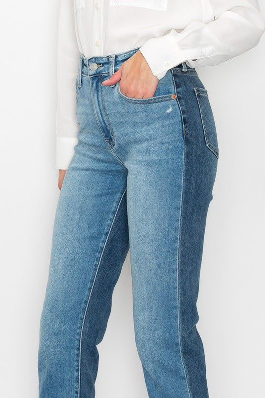 Two Toned High Rise Straight Denim Plus