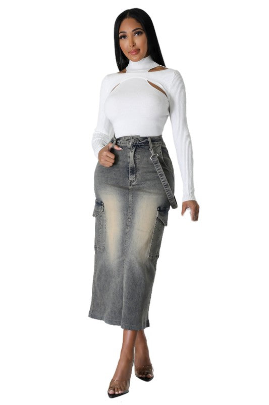 Avril Ash Gray Denim Midi Skirt