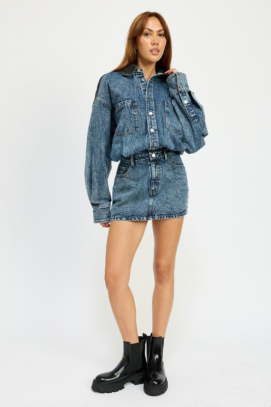 Amelie Contrast Button Up Denim Mini Dress