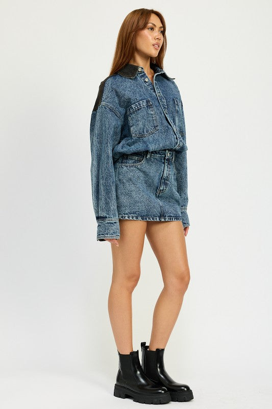 Amelie Contrast Button Up Denim Mini Dress