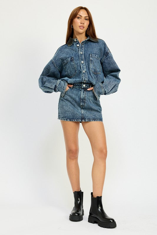 Amelie Contrast Button Up Denim Mini Dress