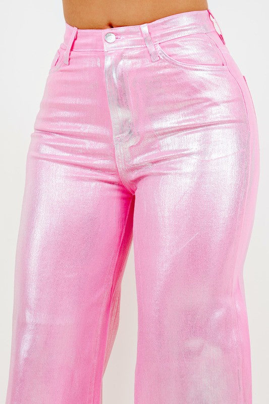 So Paris Pink Metallic Wide Leg Denim