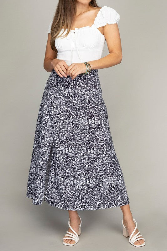 Mini Florals Midi Skirt with Slit