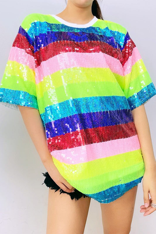 Rainbow Stripes Sequins T-Shirt Dress