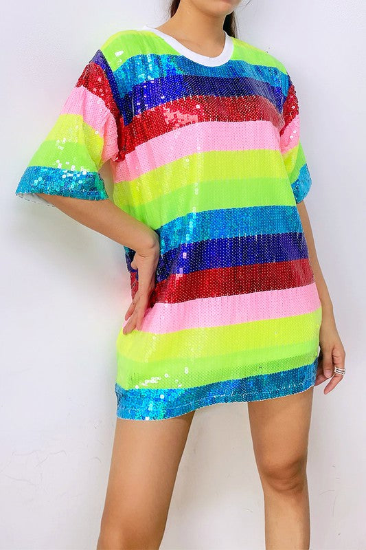 Rainbow Stripes Sequins T-Shirt Dress