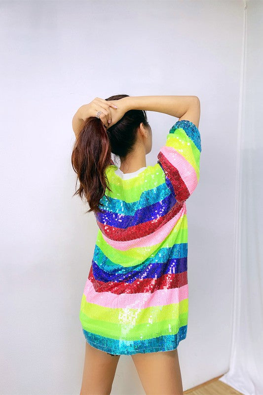 Rainbow Stripes Sequins T-Shirt Dress