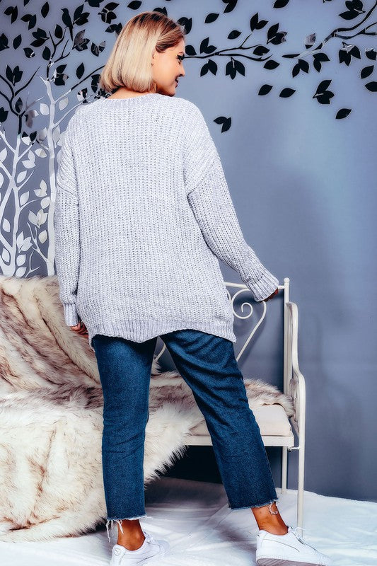 Grey Scalloped Hem Chenille Sweater